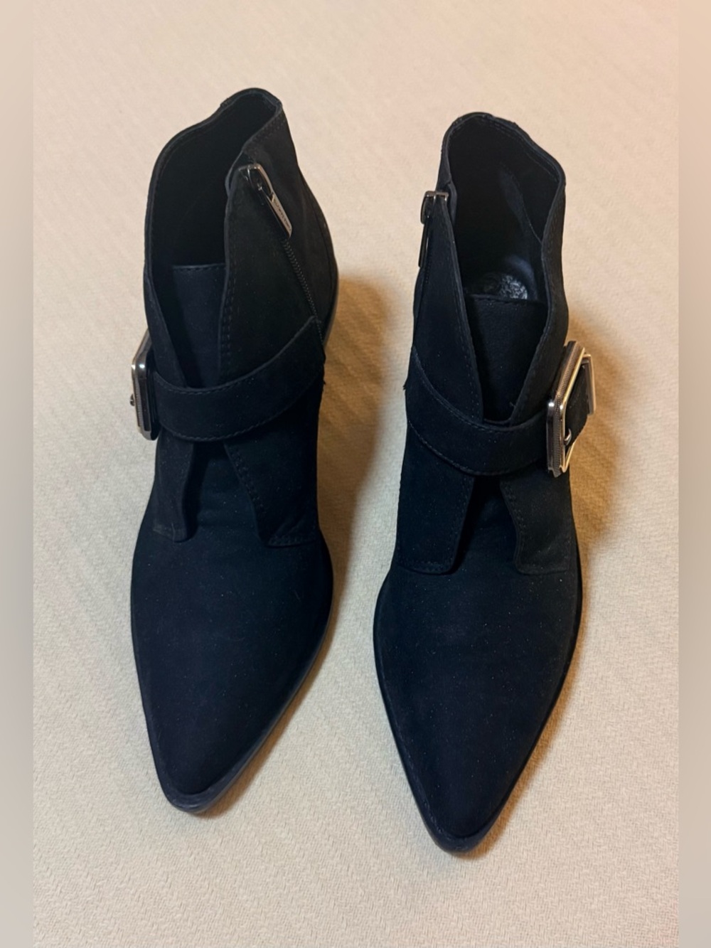 Vince Camuto Black Leather Pointed Ankle Booties with Buckle